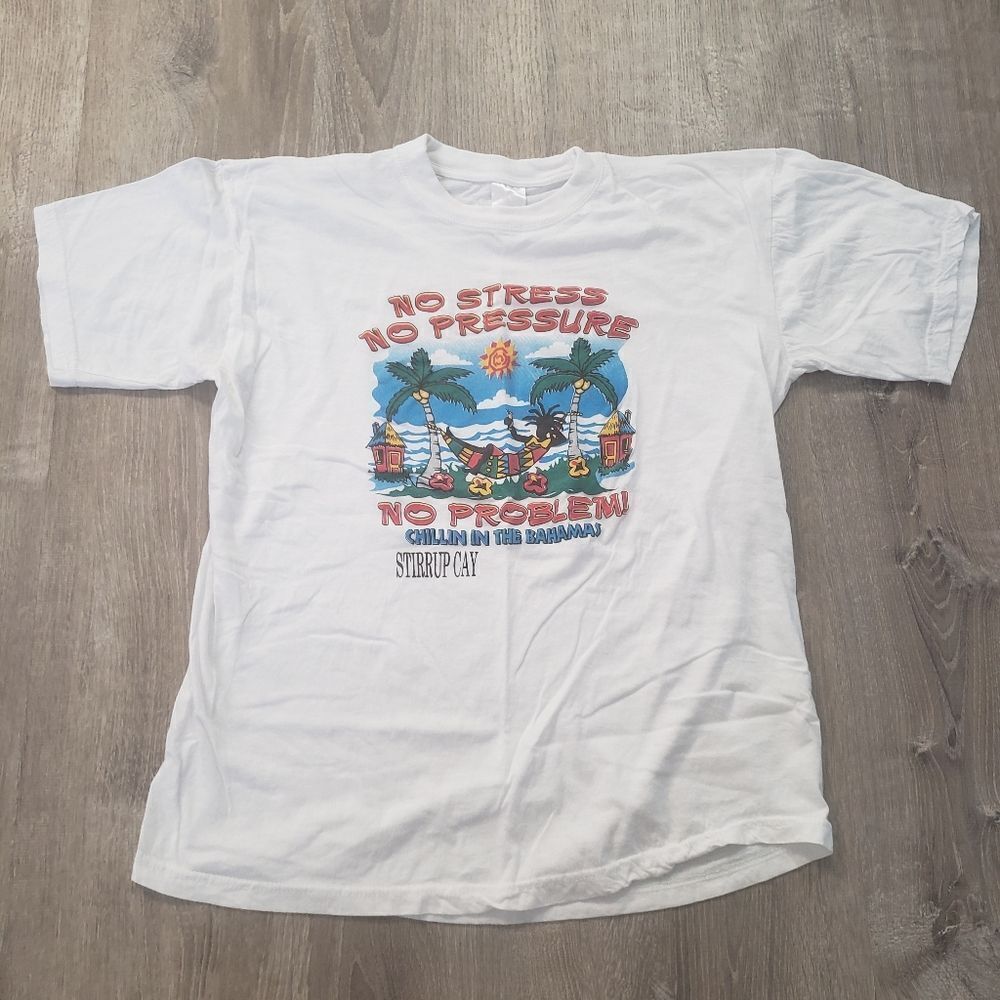 Vintage Y2K Stirrup Cay Bahamas No Stress‎ Short Sleeve T Shirt White Size XL